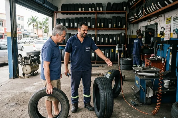 Profissional ajudando cliente a escolher pneus em borracharia.