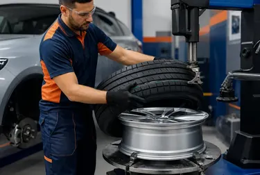Profissional realizando a troca de pneus em borracharia.