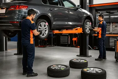 Profissional realizando rodízio de pneus em borracharia.